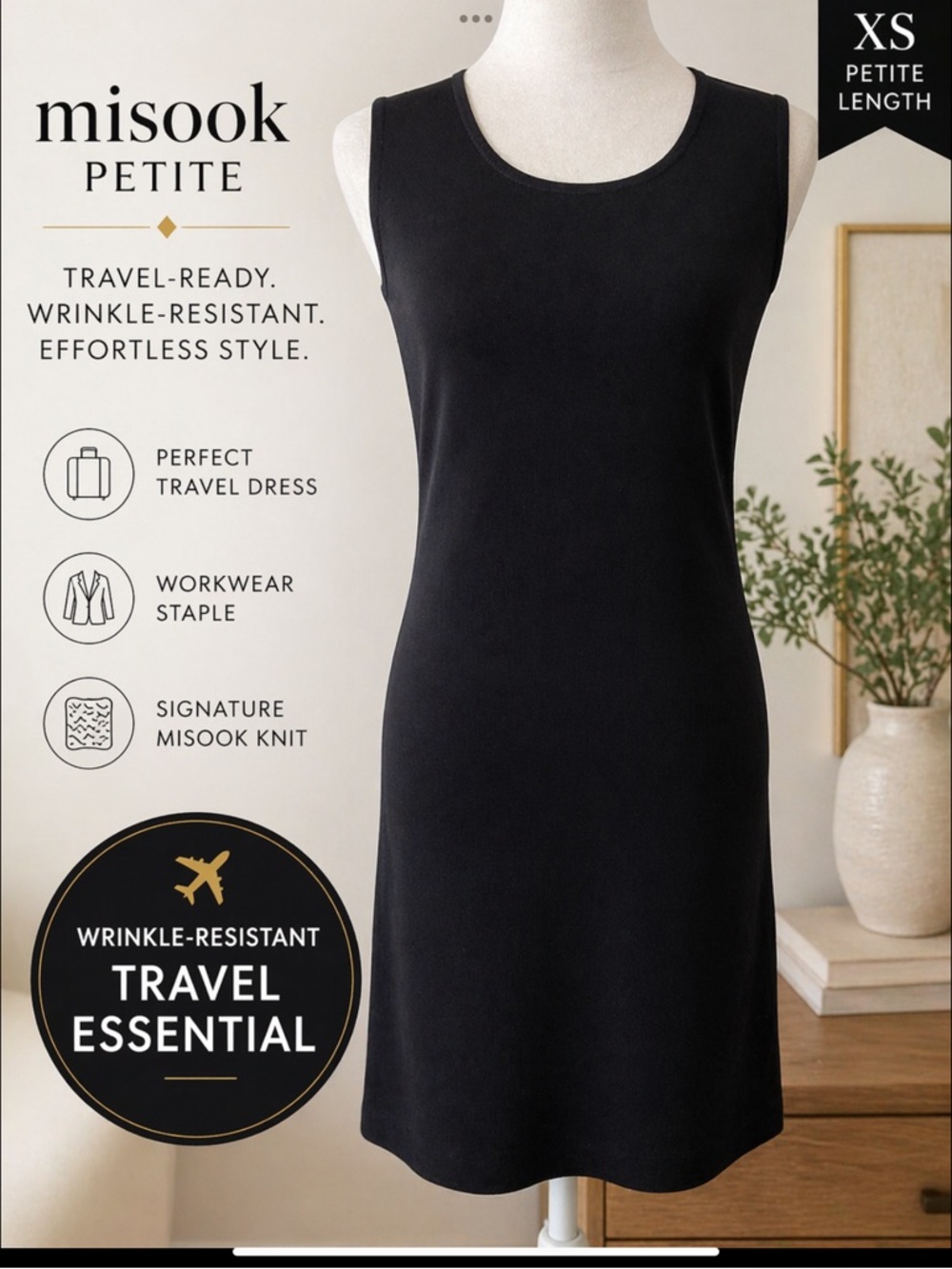 Misook Petite Black Sheath Travel Dress Sleeveless Knit Minimalist Workwear XS